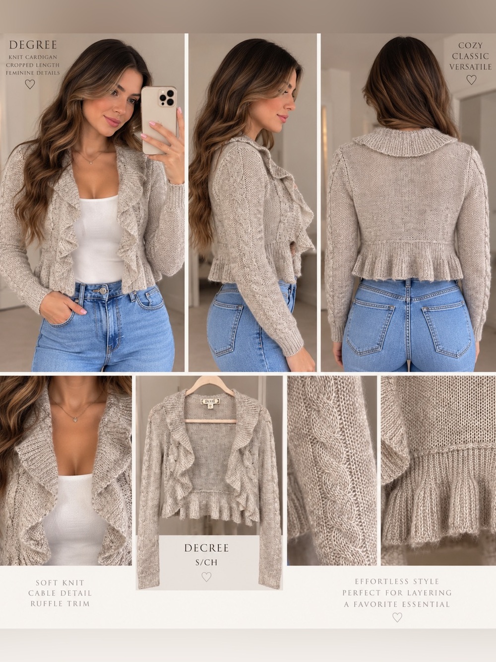 Decree Ruffle-Trim Cable Knit Cardigan in Taupe